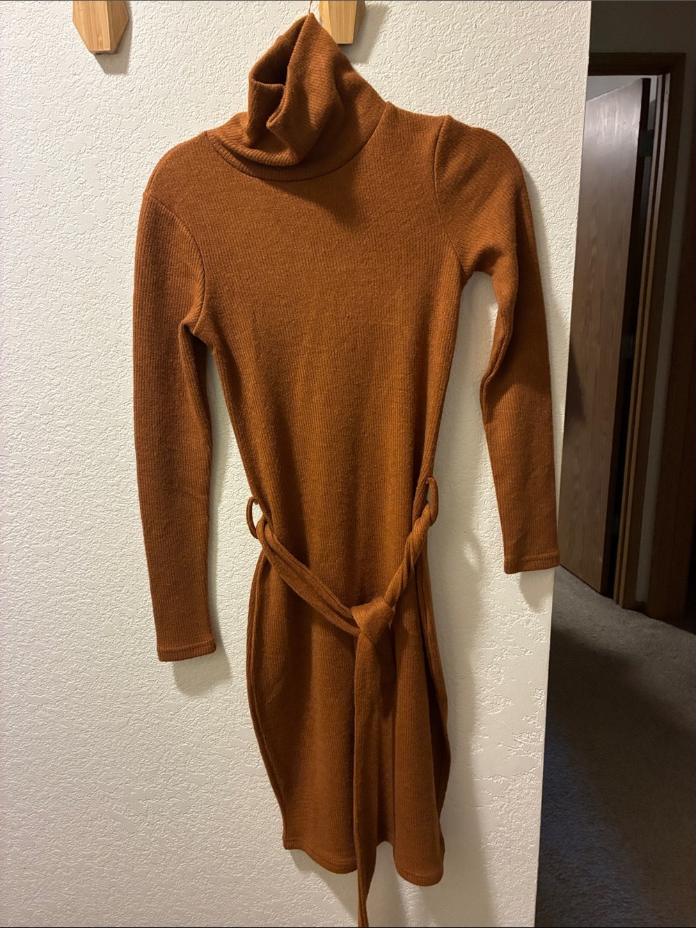 LULUs Ribbed Turtleneck Belted Sweater Dress - Rust